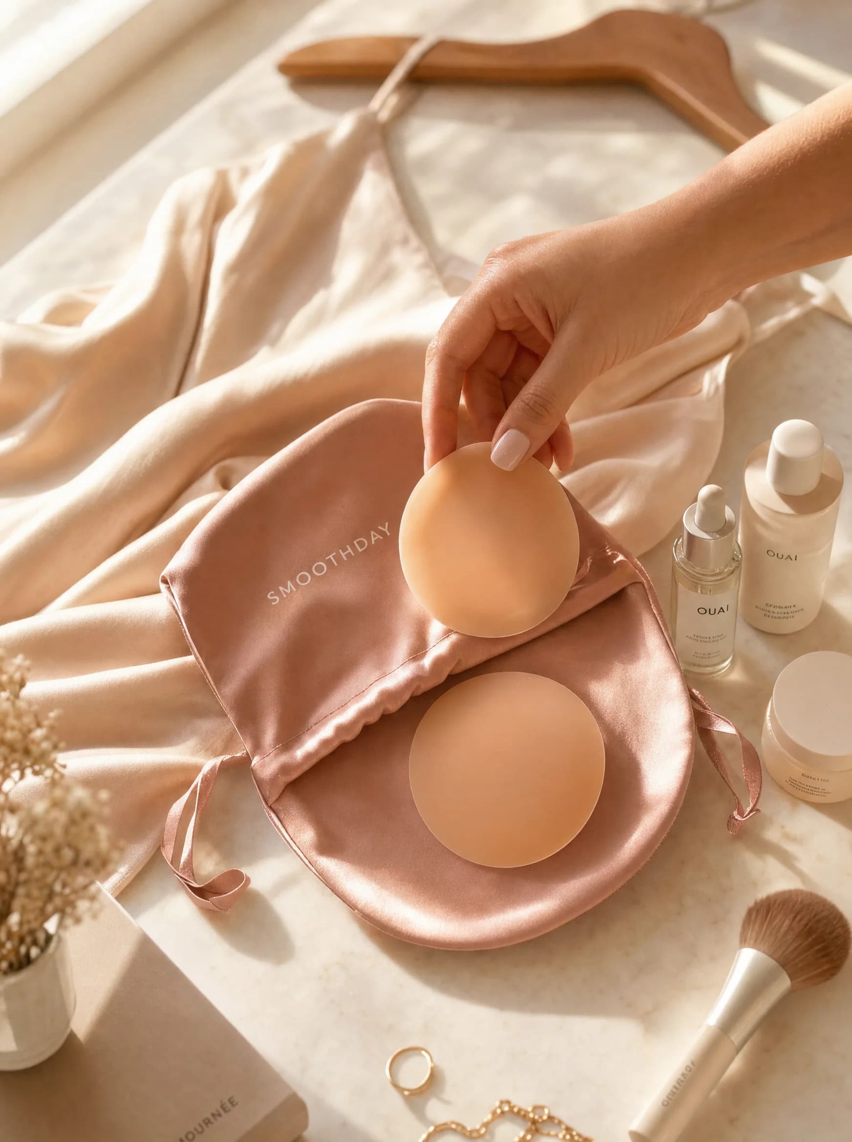 Nipple Covers arranged in a clean Smoothday outfit flatlay