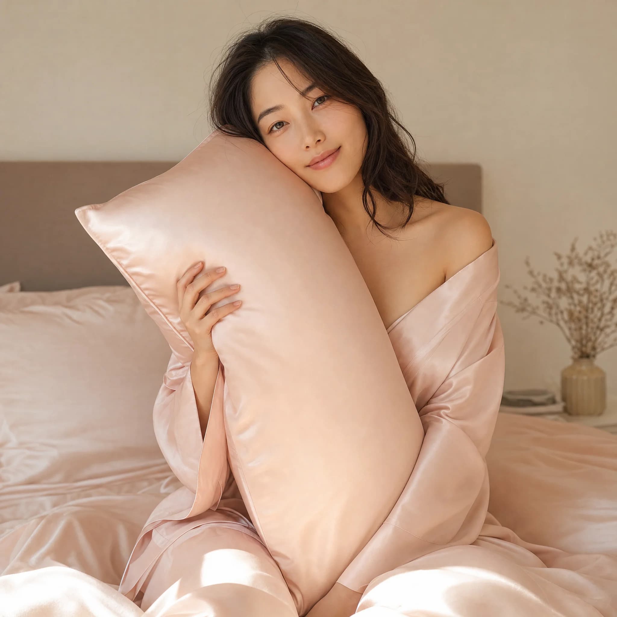 Blush Silk Pillowcase arranged for a product detail view